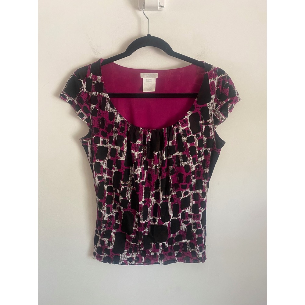 Worthington Womens Magenta Black Abstract Geometric‎ Cap Sleeve Blouse Medium